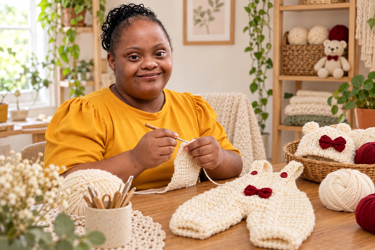 Representação de Juliana Alves em seu ateliê, usando blusa amarela e trabalhando com fios creme